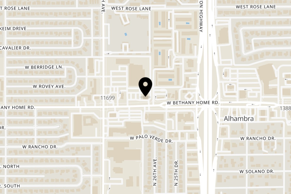 Map showing the location of Mariscos y Sushi El Kora on 2624 W Bethany Home Rd in Phoenix